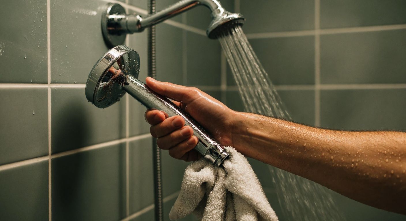 A close-up of a hand gripping a chrome showerhead with a wrench wrapped in a soft cloth, set against the muted tiles of a Turkish bathroom, with water droplets glistening on the surfaces.