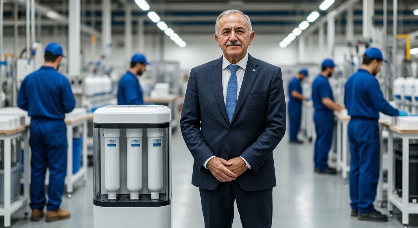 A dignified elderly man in a tailored suit stands proudly beside a sleek water filtration system in a modern Turkish factory, with workers in blue uniforms assembling units in the background.