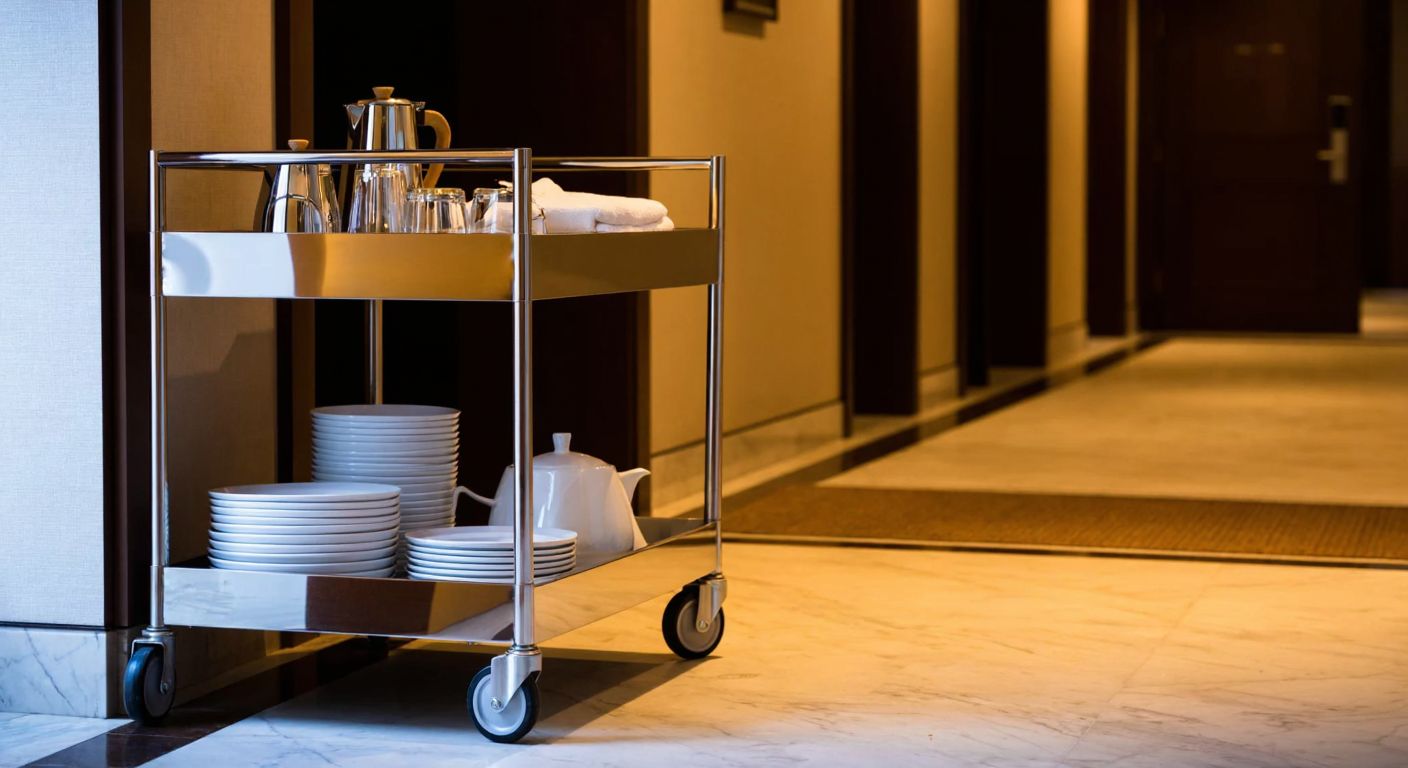 A polished stainless steel service cart with stacked plates and a teapot sits beside a wooden cart holding fresh towels, both in a bright hotel hallway with warm lighting.
