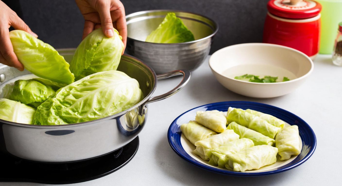 A Turkish kitchen counter with fresh green cabbage leaves being gently blanched in a steaming pot, while a bowl of cold water sits nearby, and a plate of neatly rolled cabbage sarma awaits cooking.