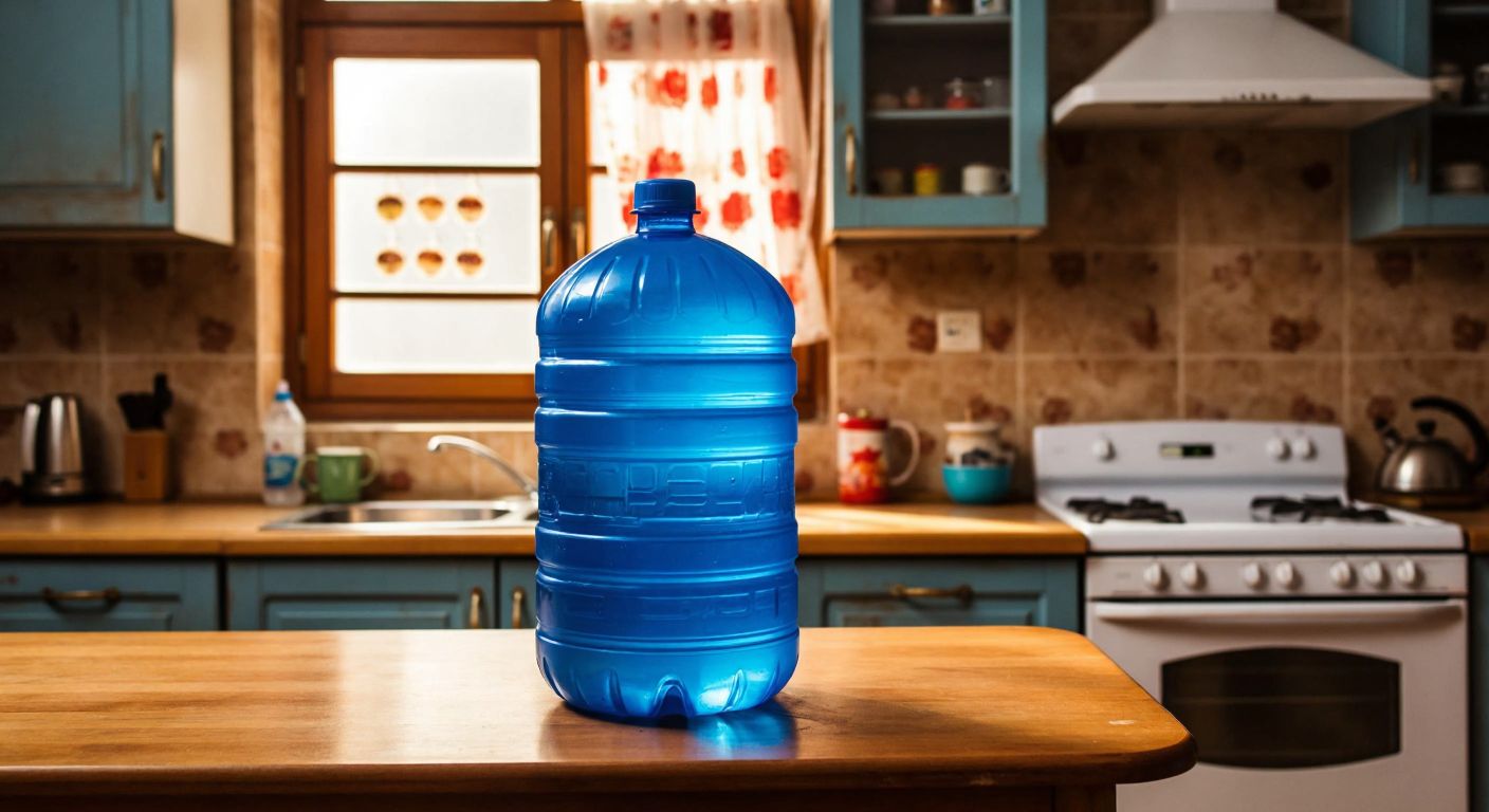 A sturdy blue plastic water damacana sits on a wooden table in a Turkish home kitchen, with a calendar subtly marked for five years in the background.