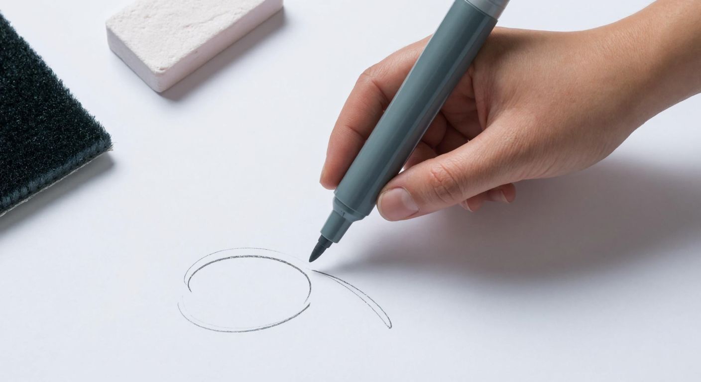 A hand holding a gray marker scribbling on a white paper, with a damp cloth and eraser nearby, ready to wipe away the fresh ink marks.
