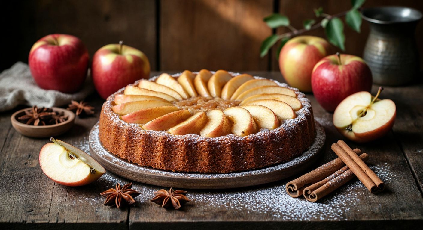 A warm, sunlit Turkish kitchen with a golden-brown apple cake fresh from the oven, surrounded by sliced apples, cinnamon sticks, and a dusting of powdered sugar on a rustic wooden table.
