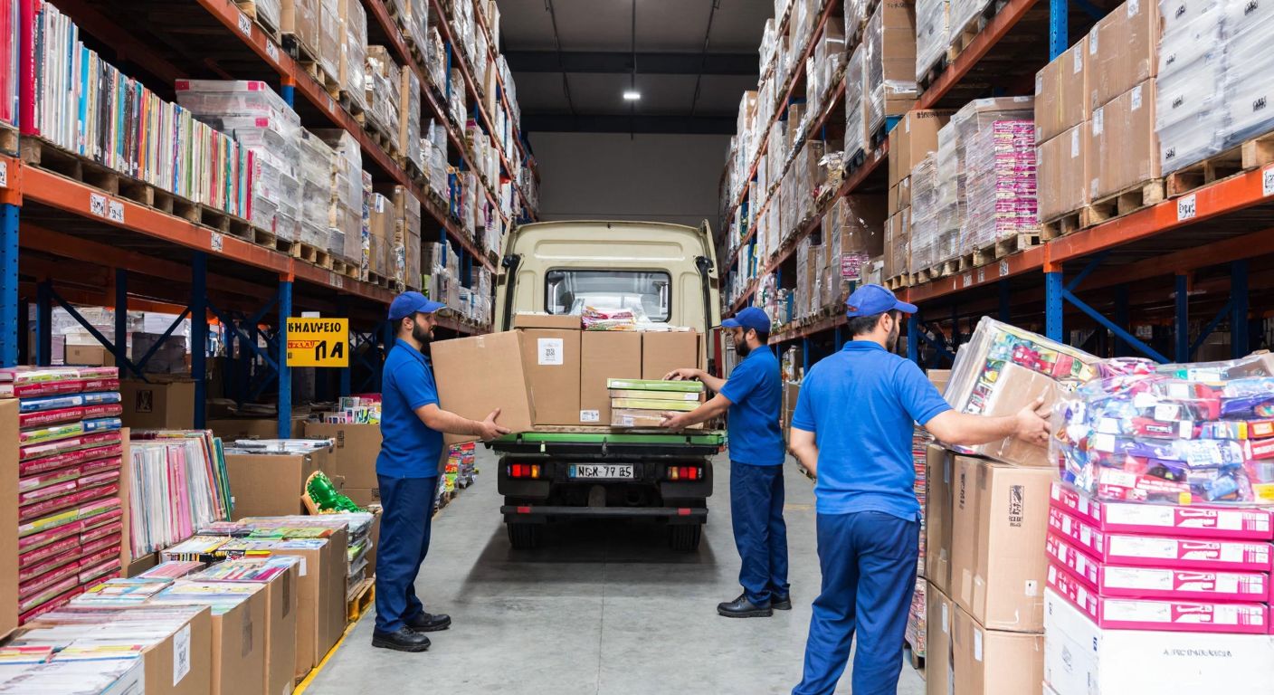 A bustling warehouse in Istanbul stacked with colorful books, stationery, toys, and computer accessories, as workers in blue uniforms efficiently load boxes onto delivery trucks.
