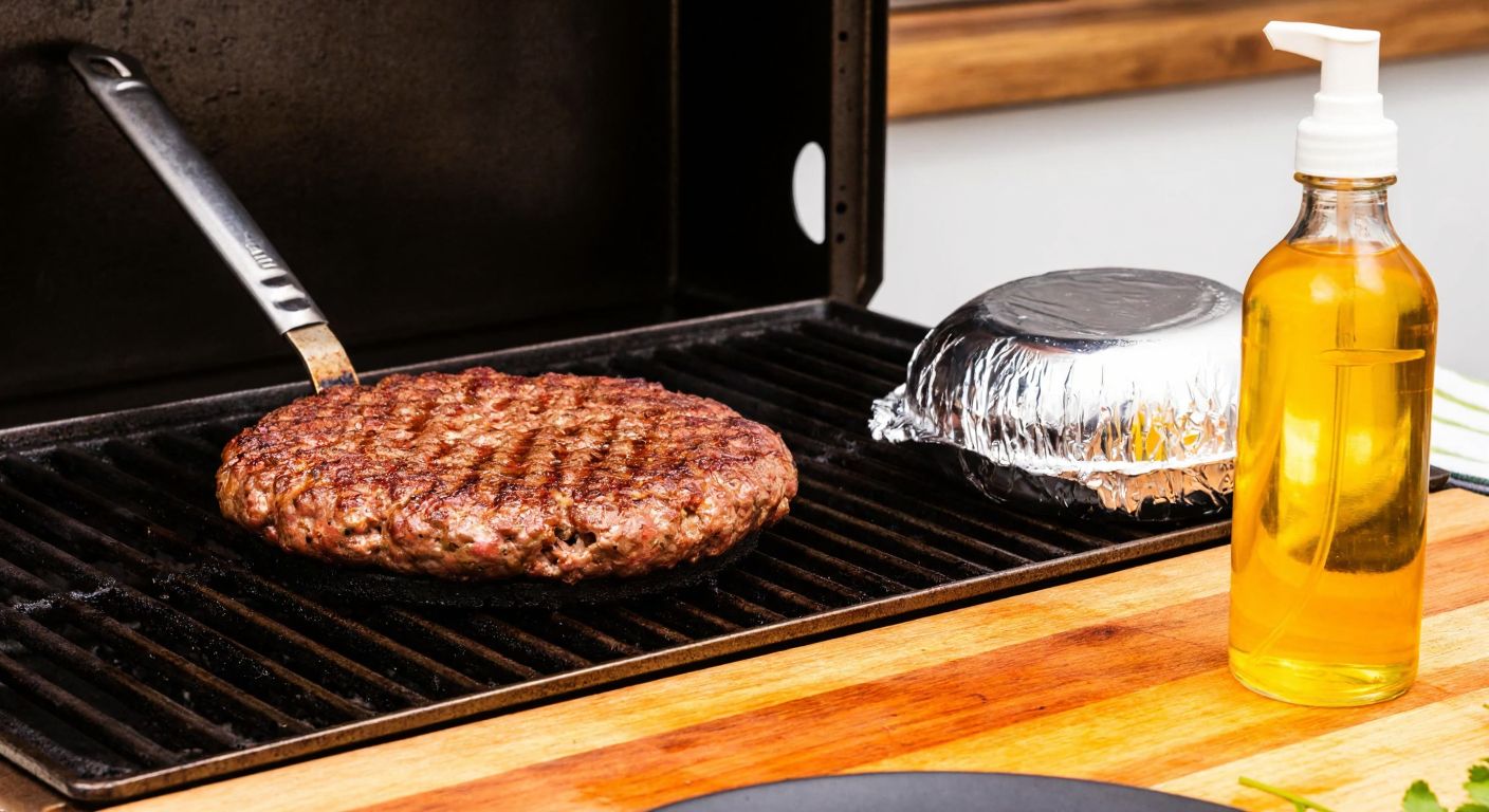 A close-up of a sizzling hamburger patty on a grill, with a shiny aluminum foil and a spray bottle of non-stick oil nearby, set against a rustic wooden kitchen counter in a Turkish home.