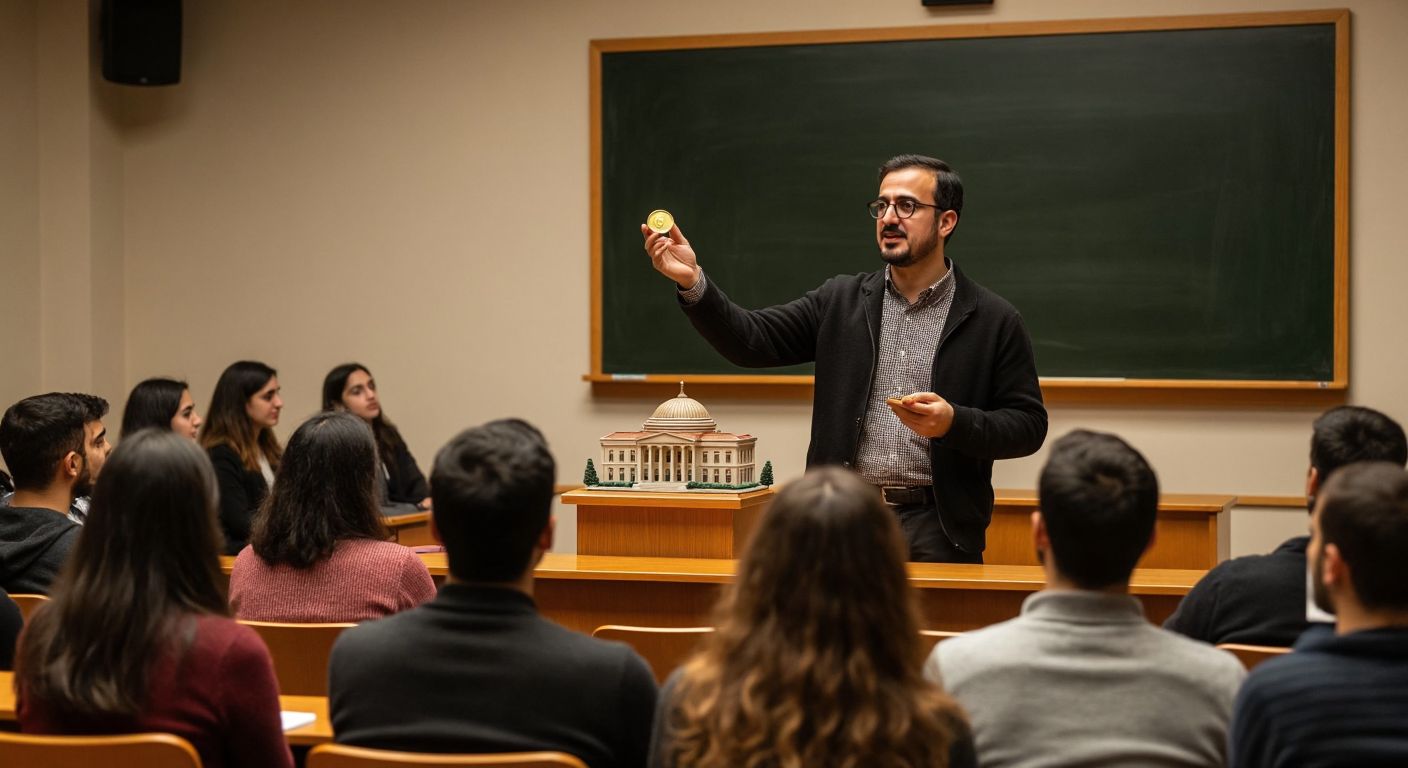 A Turkish professor in a lecture hall gestures toward a chalkboard (without text) while holding a golden coin in one hand and a miniature government building in the other, with students attentively listening.