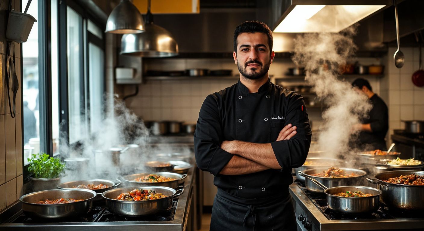A Turkish chef in a crisp black jacket stands confidently in a bustling kitchen, the dark fabric hiding stains while exuding professionalism, with steam rising from pots of simmering dishes nearby.