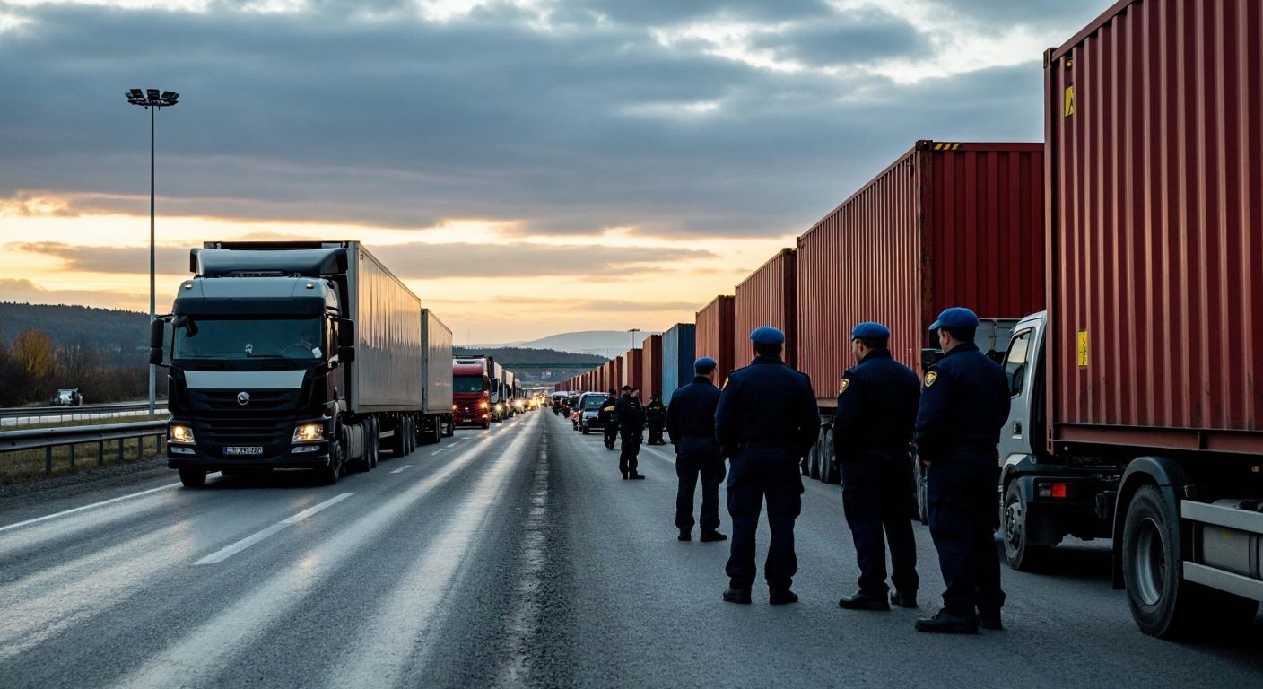A long line of idling trucks stretching into the horizon under a cloudy sky, with weary drivers standing beside their vehicles near the Cilvegözü Border Crossing, surrounded by stacks of shipping containers and uniformed customs officers inspecting paperwork.