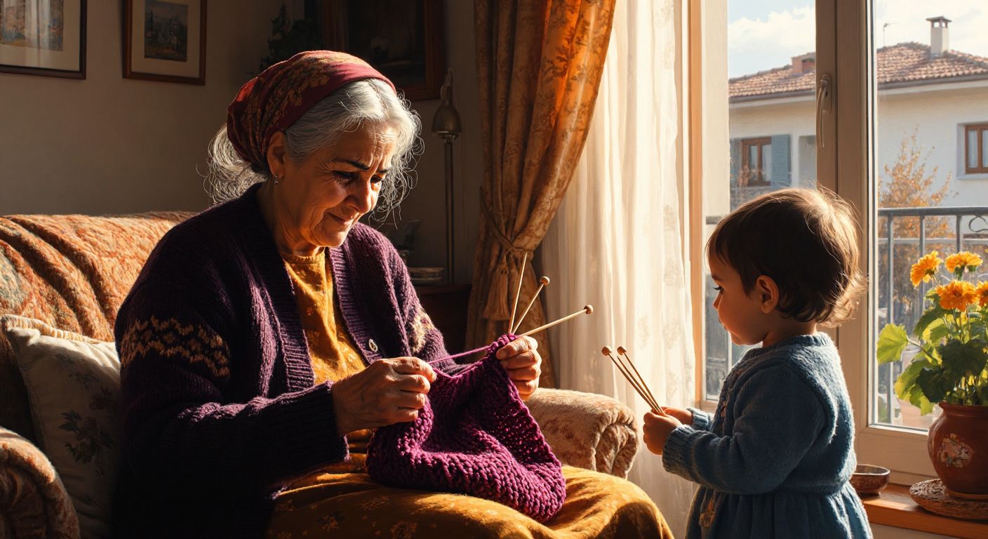 A warm, cozy scene of a Turkish grandmother in a sunlit living room, patiently knitting a soft velvet yarn sweater with wooden needles, while a small child watches curiously beside her.