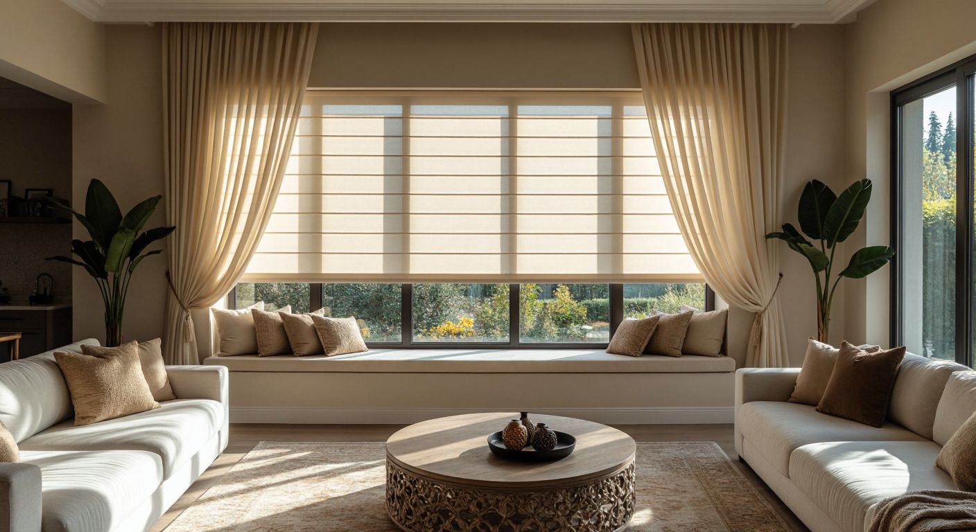 A sunlit Turkish living room with elegant *kruvaze* curtains draped gracefully on either side of a large window, contrasting with a sleek *stor* roller shade neatly tucked above a smaller kitchen window.