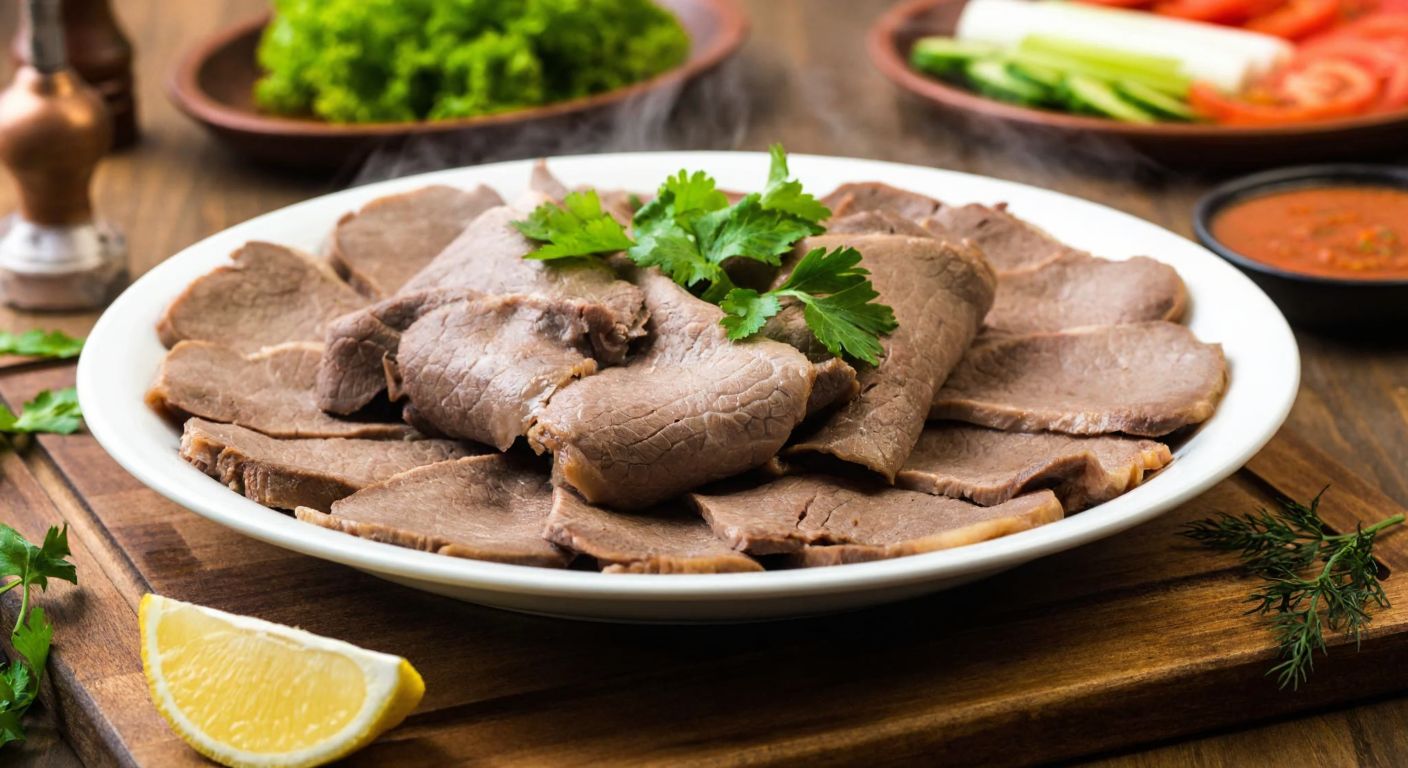 A steaming plate of thinly sliced, tender beef tongue garnished with fresh parsley sits on a rustic wooden table in a Turkish kitchen, surrounded by vibrant vegetables and a small bowl of lemon wedges.