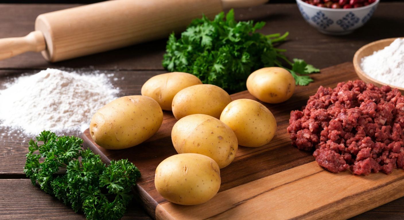 A rustic wooden table in a Turkish kitchen holds medium-sized potatoes, fresh parsley, and ground meat, with a rolling pin and flour nearby, evoking warmth and tradition.