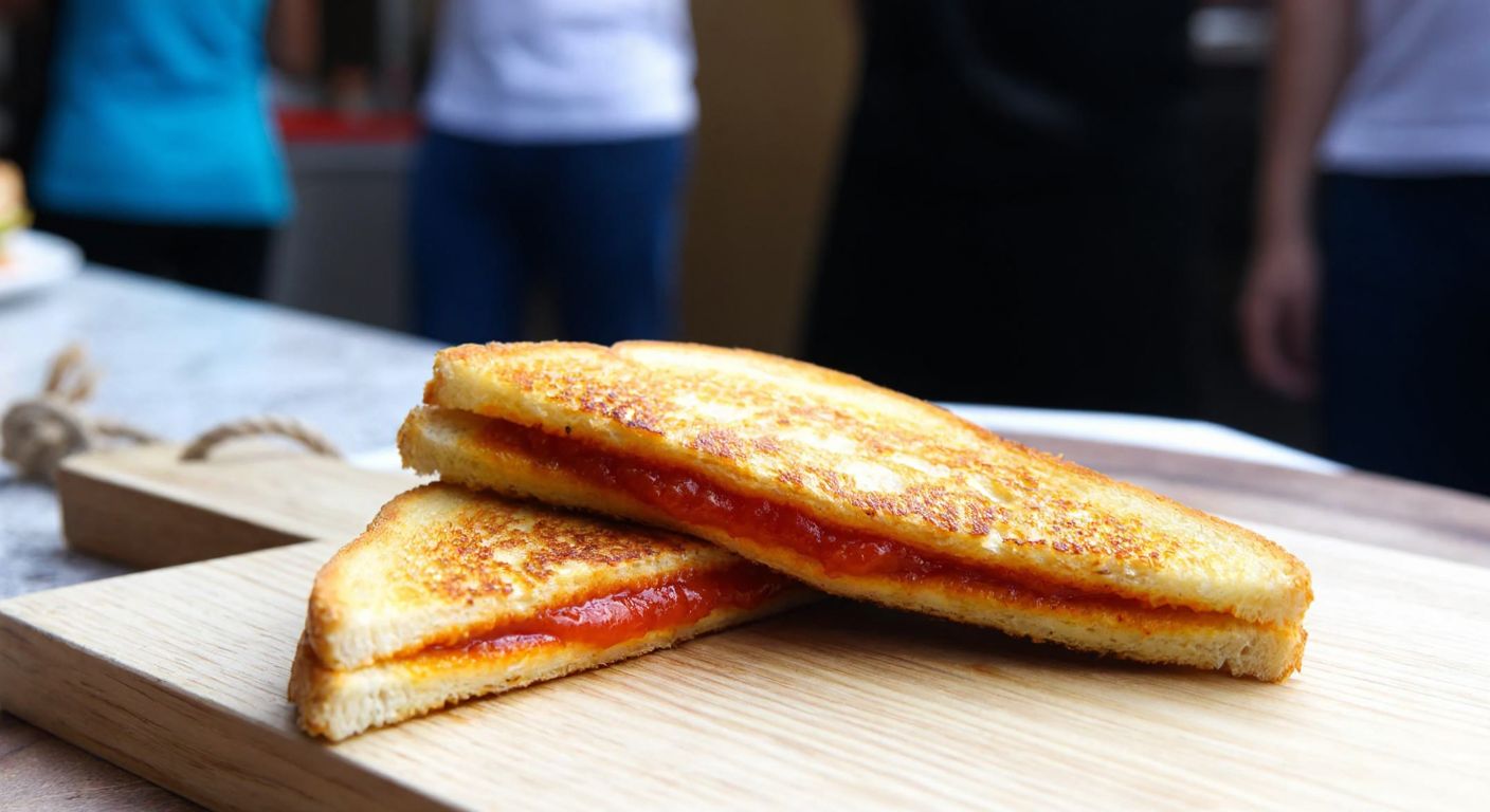 A golden-brown toasted sandwich, crispy from margarine, with a glossy layer of tomato paste peeking out between the bread slices, resting on a rustic wooden table in a bustling Turkish street food stall.