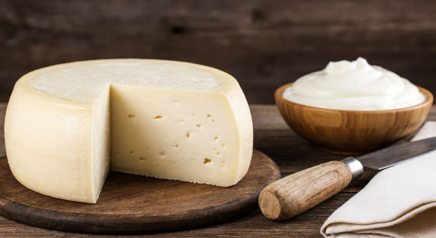 A close-up of a round, firm Mihaliç cheese with a thin white rind and small holes, resting on a rustic wooden table beside a bowl of fresh sheep's milk and a traditional Turkish cheese knife.