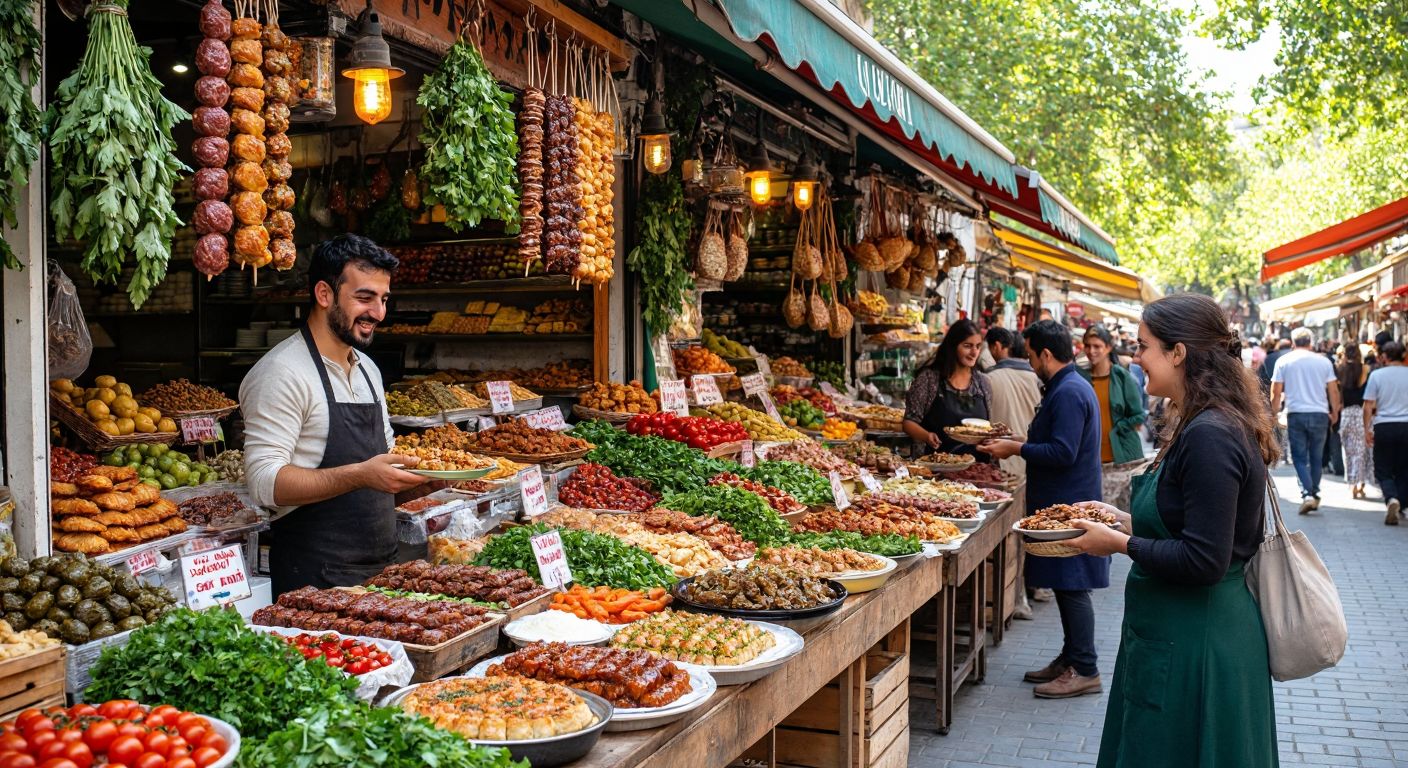 A vibrant Turkish marketplace with colorful stalls displaying regional dishes like kebabs, baklava, and mezes, surrounded by smiling locals and tourists sharing food, while farmers and artisans proudly present their fresh, organic ingredients.