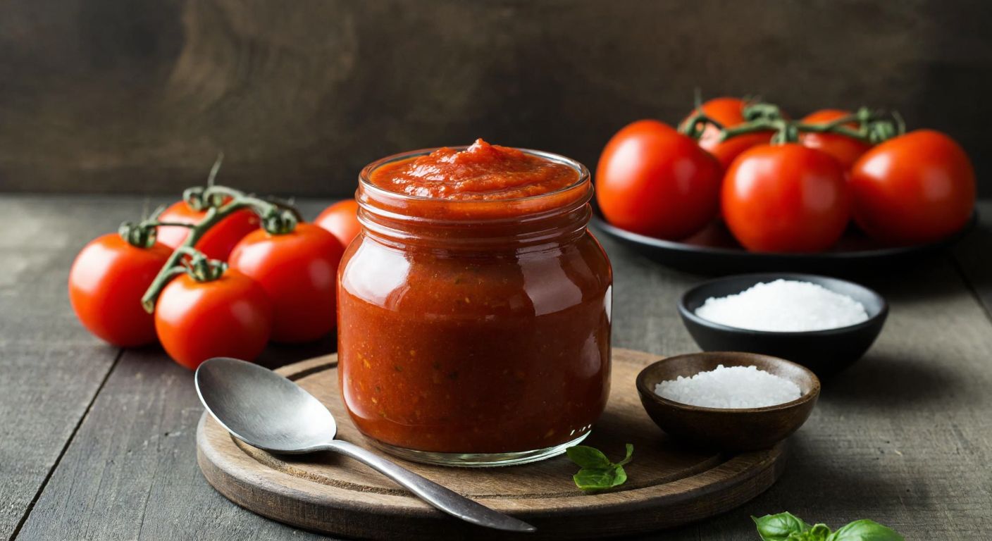 A rustic wooden table in a Turkish kitchen holds a jar of rich red tomato paste with a spoon resting beside it, surrounded by fresh tomatoes and a small bowl of salt.