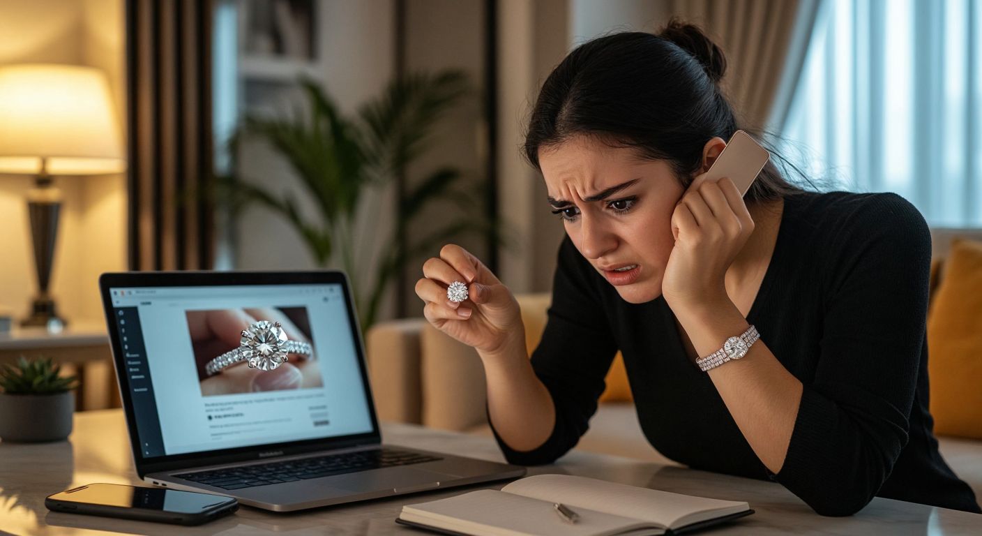 A frustrated Turkish customer in a modern home setting holds a sparkling diamond ring while frowning at a laptop screen displaying an order page, with a phone and notebook nearby for contacting support.