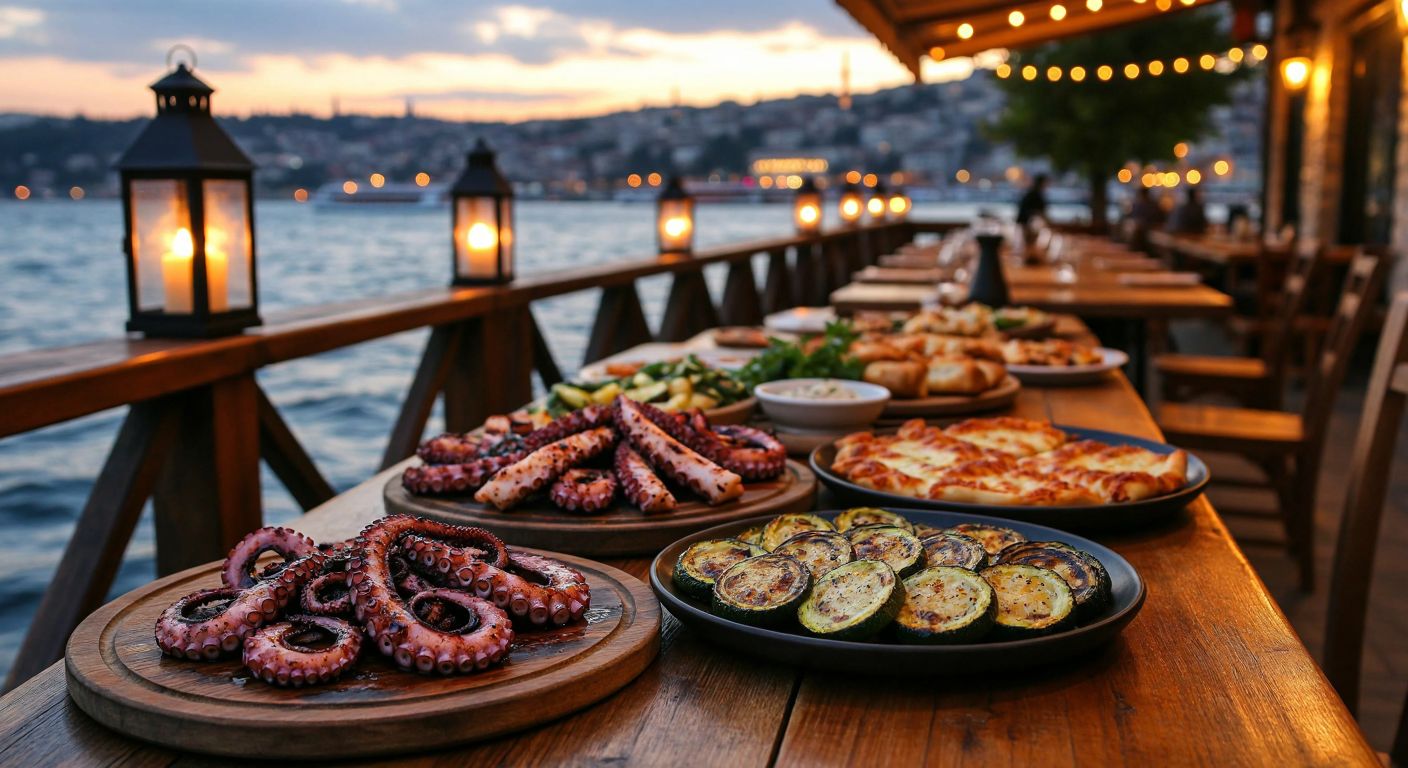 A cozy seaside tavern in Istanbul with wooden tables laden with grilled octopus, crispy zucchini, and golden-brown cheese pastries, surrounded by warm lantern light and the faint glow of the Bosphorus at dusk.