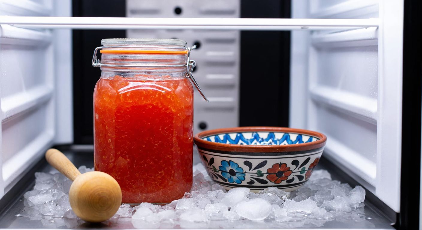 A glass jar of fresh salmon caviar nestled on crushed ice inside a stainless steel refrigerator, with a Turkish ceramic bowl and a wooden spoon beside it, evoking freshness and careful storage.