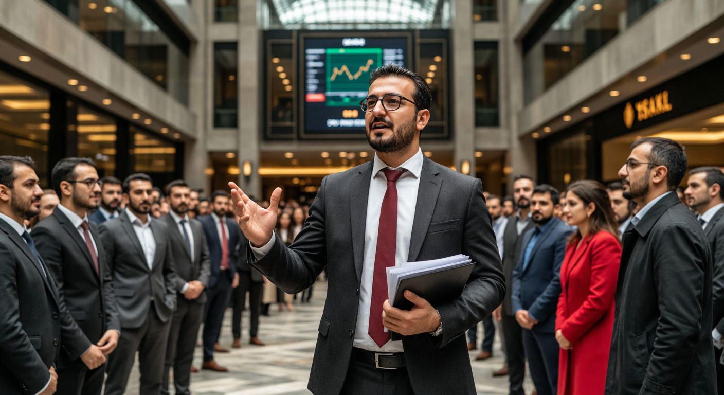 A Turkish businessman in a crisp suit stands confidently in front of the Istanbul Stock Exchange, holding a stack of documents in one hand while gesturing toward a diverse crowd of eager investors with the other, symbolizing the distinction between public offerings and broader capital market issuances.