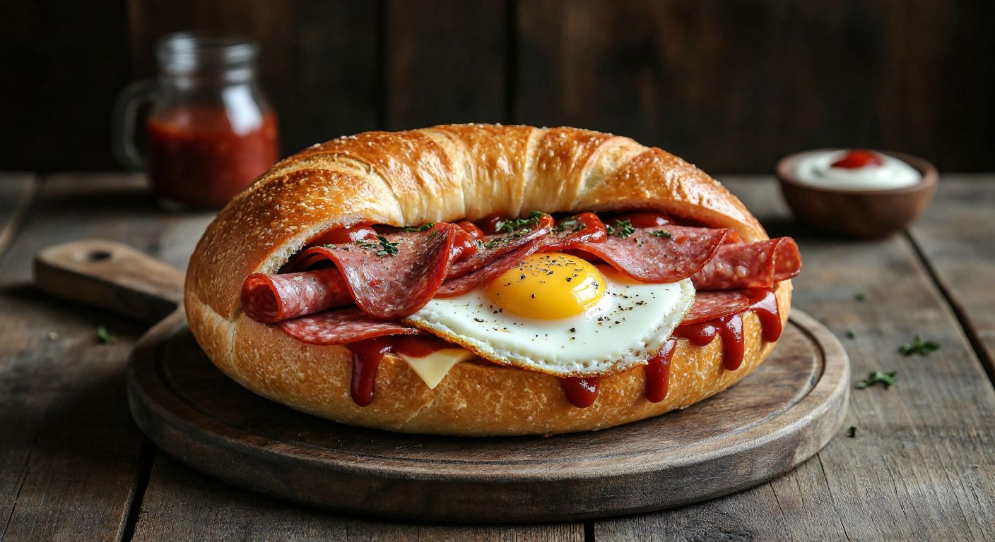 A golden-brown hollowed-out bread loaf stuffed with layers of sliced sucuk, melted kaşar cheese, folded slices of salam, a fried egg, grilled sosis, and drizzled with ketçap and mayonez, resting on a rustic wooden table in a cozy Turkish eatery.