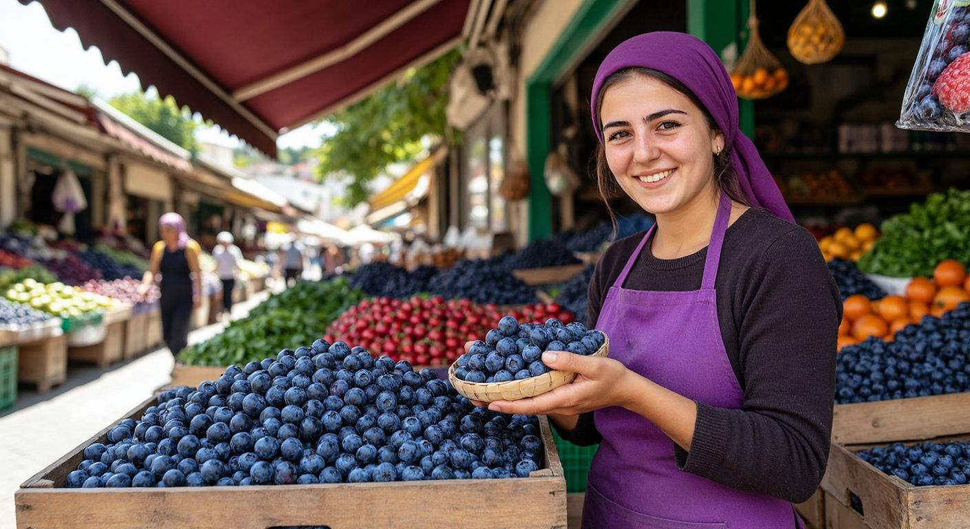 A Turkish woman in a vibrant market carefully inspecting plump, dark-blue blueberries with smooth skin, while a vendor with a friendly smile holds out a wooden crate of fresh berries under a shaded awning.