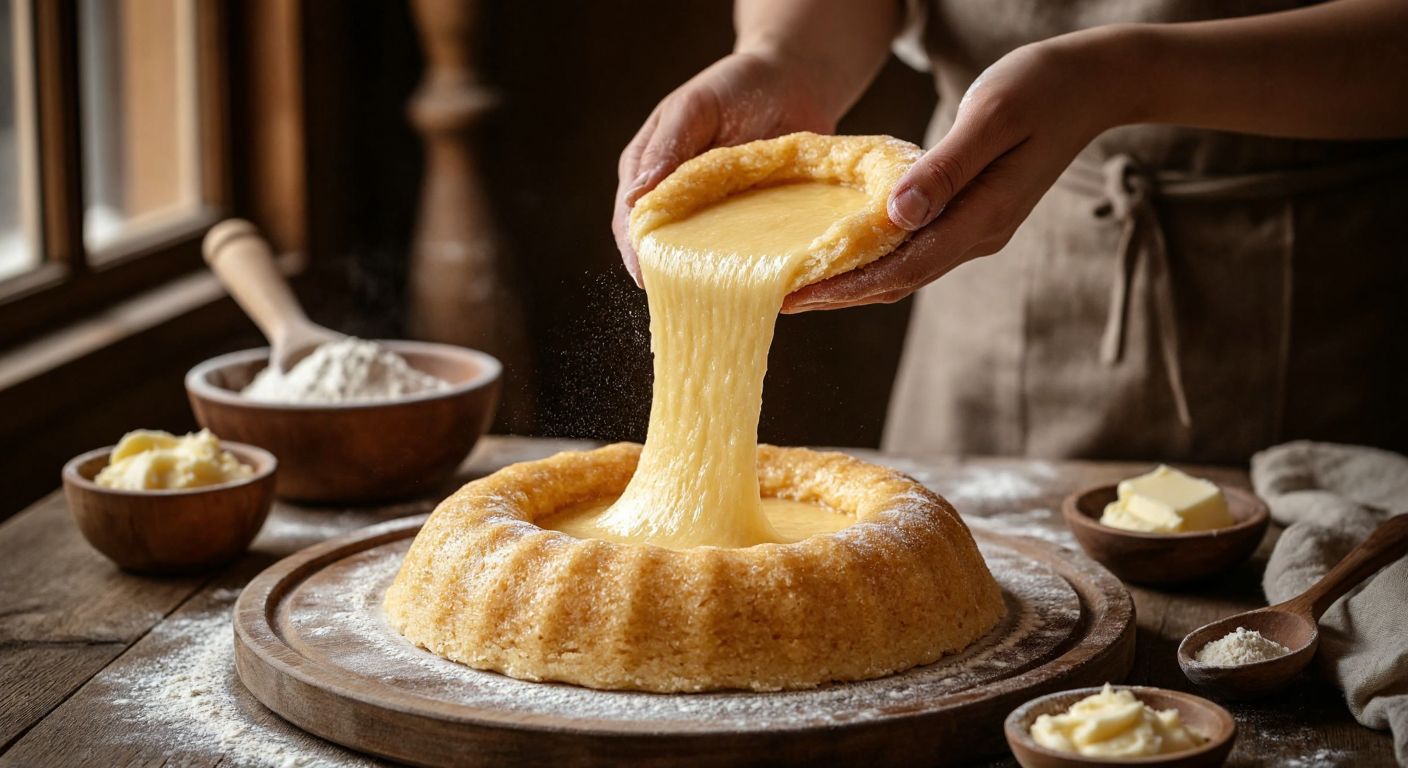 A warm, golden-brown stretchy helva being pulled apart by hands dusted with flour, with a small bowl of creamy unsalted butter and a wooden spoon nearby, set on a rustic wooden table in a cozy Turkish kitchen.
