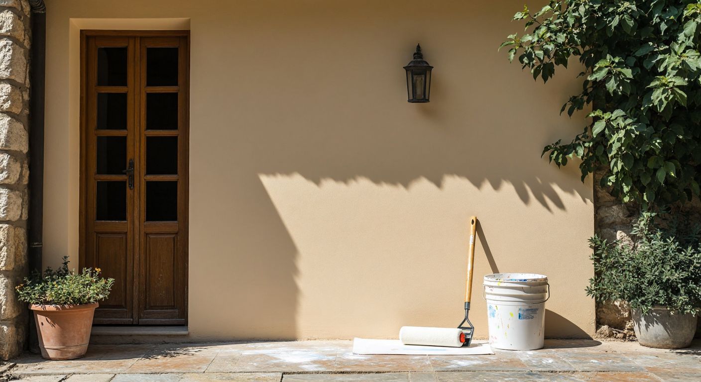 A freshly painted, smooth beige exterior wall of a traditional Turkish house under bright sunlight, with a painter’s roller resting against a bucket of paint nearby.