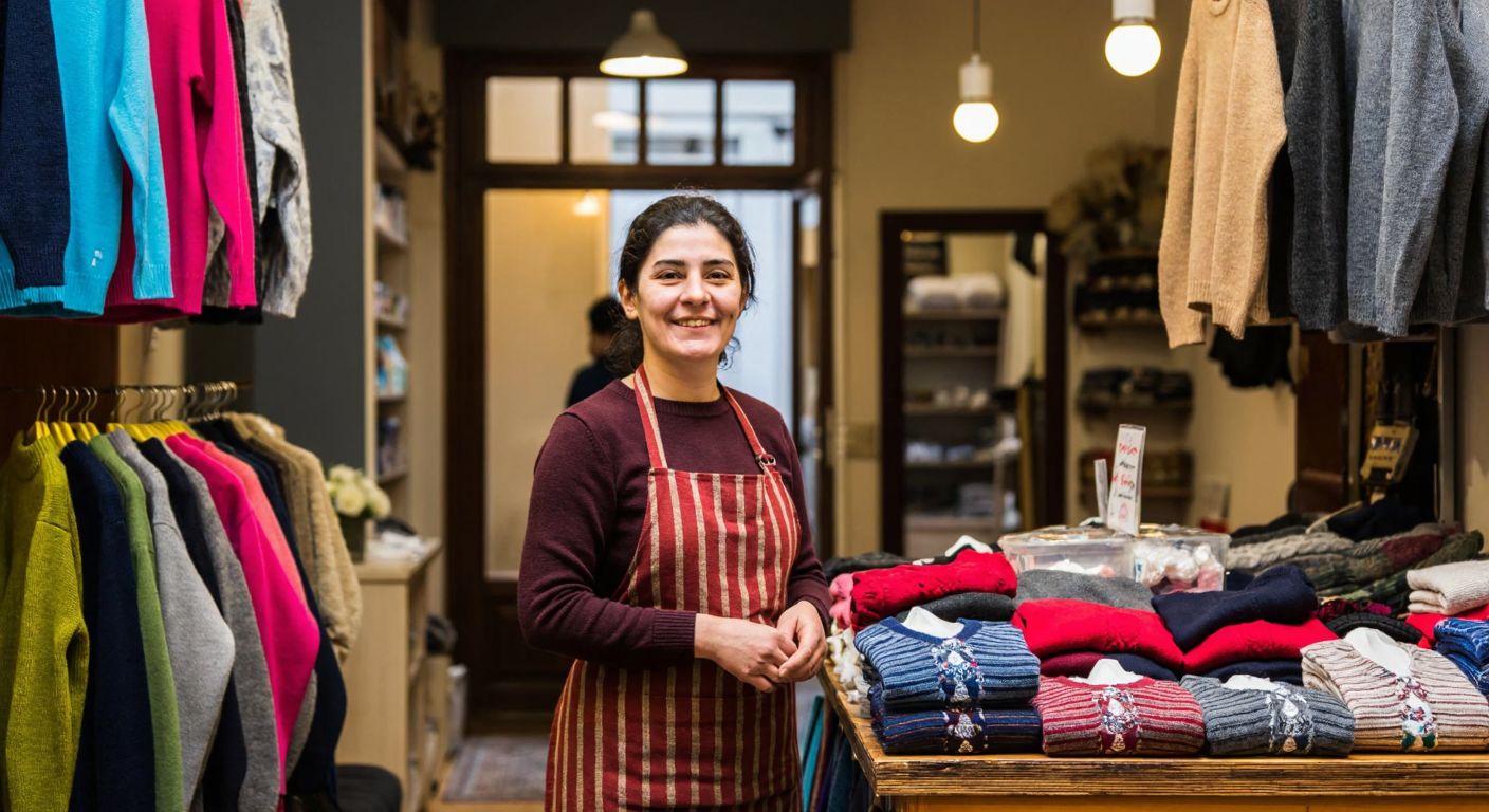 A cozy Turkish knitwear shop with colorful sweaters on display, a smiling shopkeeper in a traditional apron, and warm lighting reflecting off the soft fabrics.
