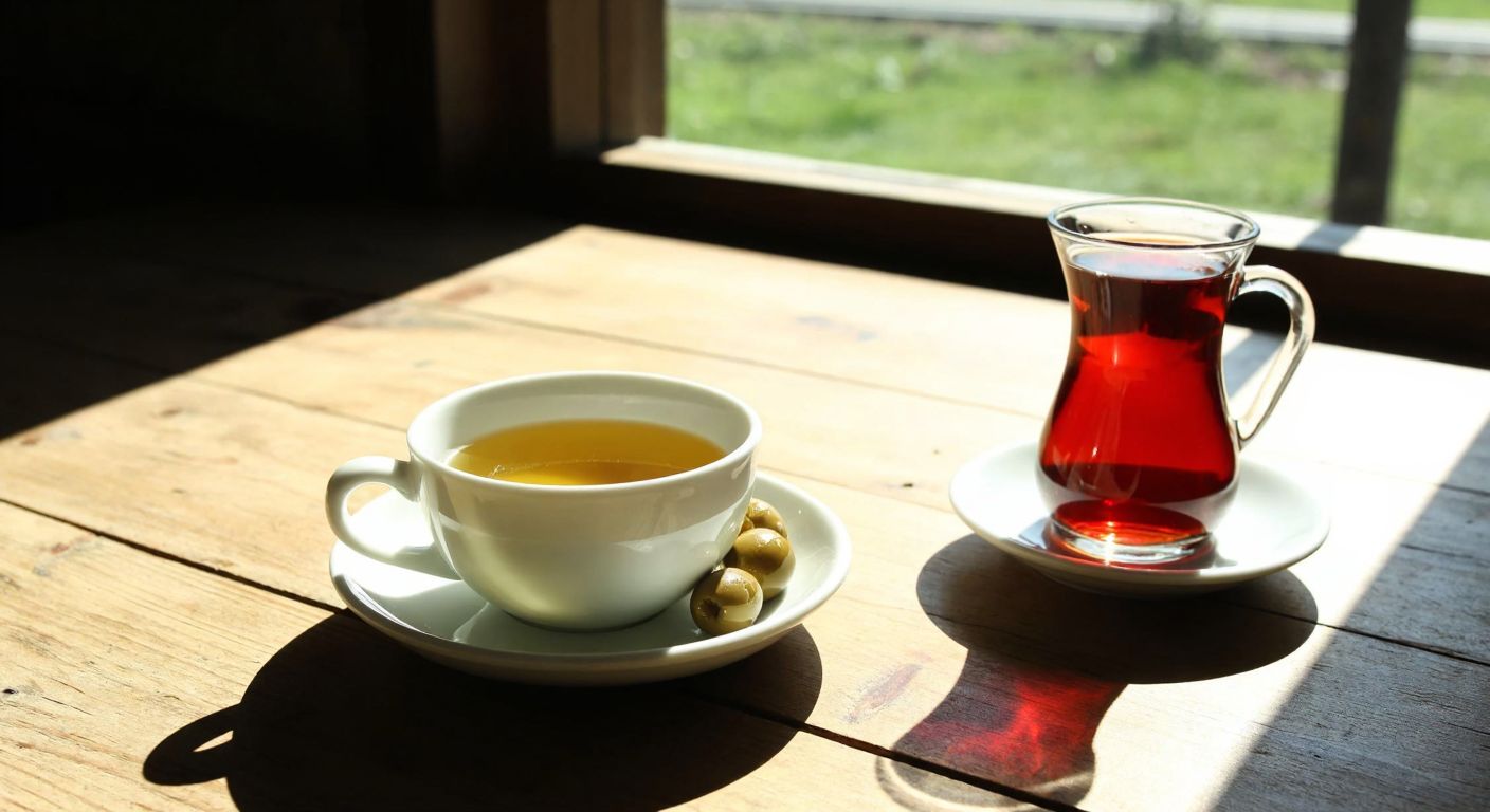 A warm cup of olive leaf tea sits on a rustic wooden table beside a small plate of Turkish olives, with sunlight streaming through a window onto a traditional Turkish tea glass.