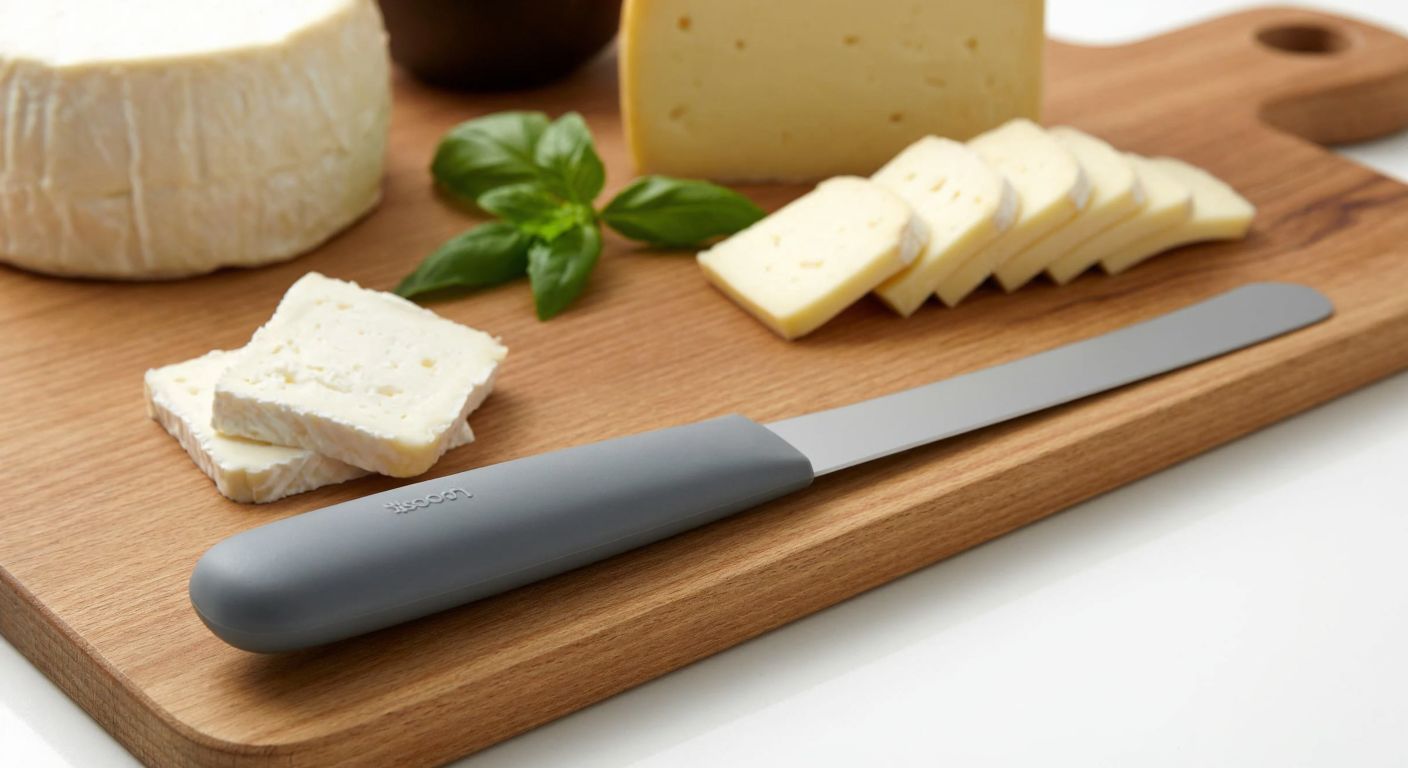 A sleek gray Joseph Joseph cheese knife set with a straight blade and a serrated blade rests on a wooden cutting board beside a variety of Turkish cheeses like beyaz peynir and kaşar, ready for slicing.