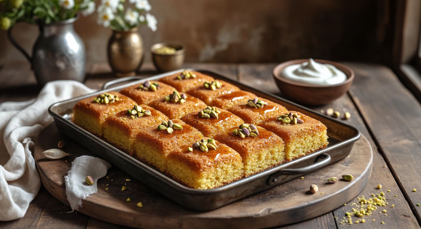 A golden-brown tray of freshly baked şambali, drizzled with syrup and topped with pistachios, sits on a rustic wooden table in a sunlit Turkish kitchen, with a bowl of creamy yogurt and scattered semolina nearby.