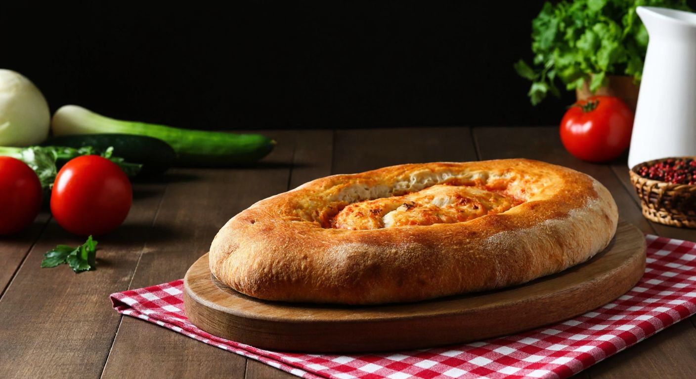 A warm, golden-brown loaf of bread with a crisp crust sits on a wooden table in a cozy Turkish home, surrounded by fresh vegetables and a traditional checkered tablecloth.