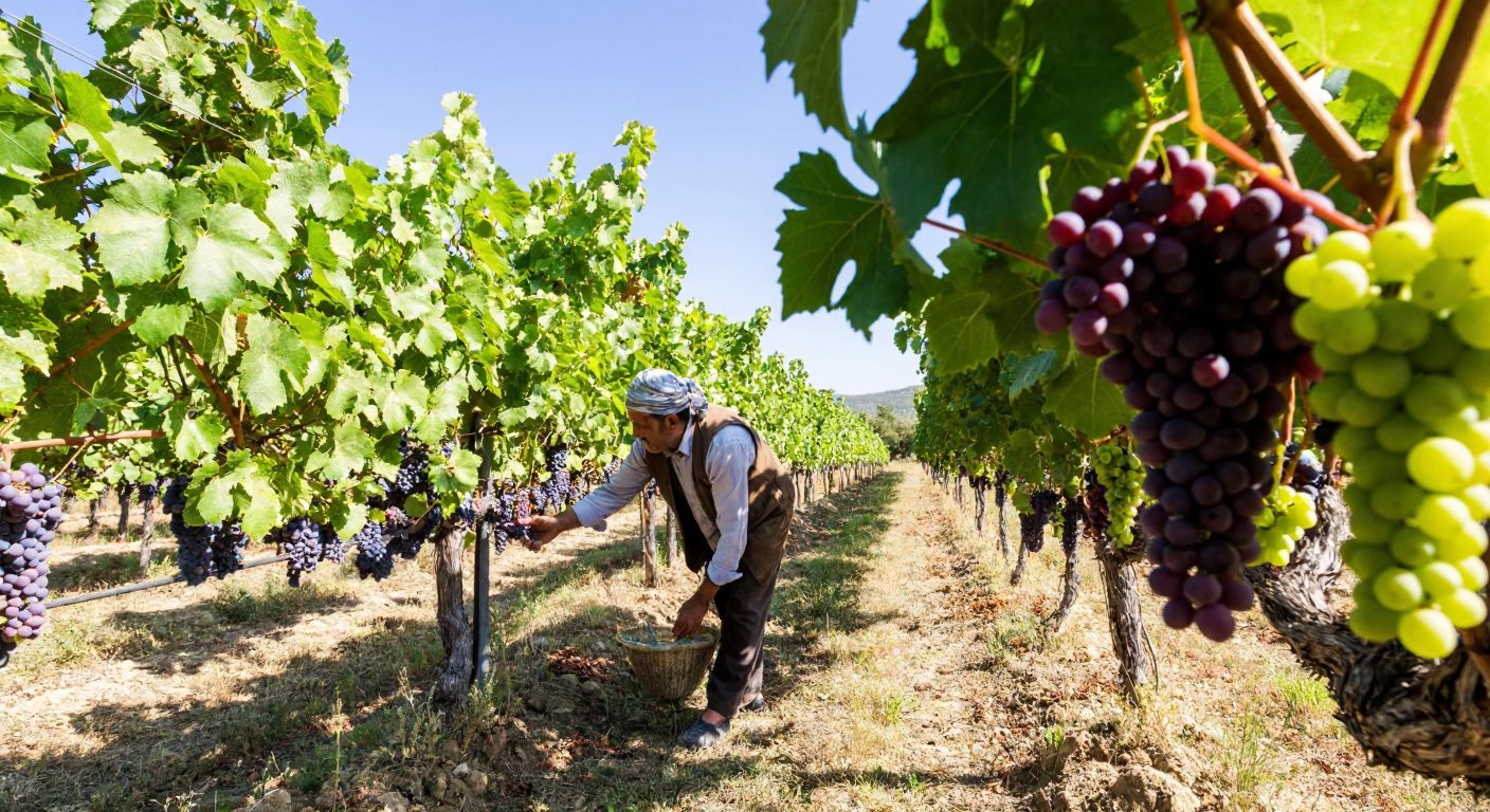 A sunlit vineyard in Turkey's Aegean region, with rows of lush grapevines bearing clusters of purple, green, and red grapes, and a farmer in traditional attire carefully inspecting the fruit.