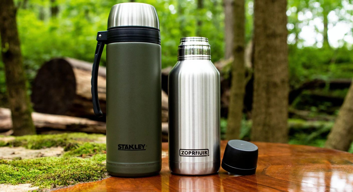 A rugged, green Stanley thermos sitting on a mossy rock in a forest next to a sleek, silver Zojirushi thermos placed on a polished wooden table indoors.