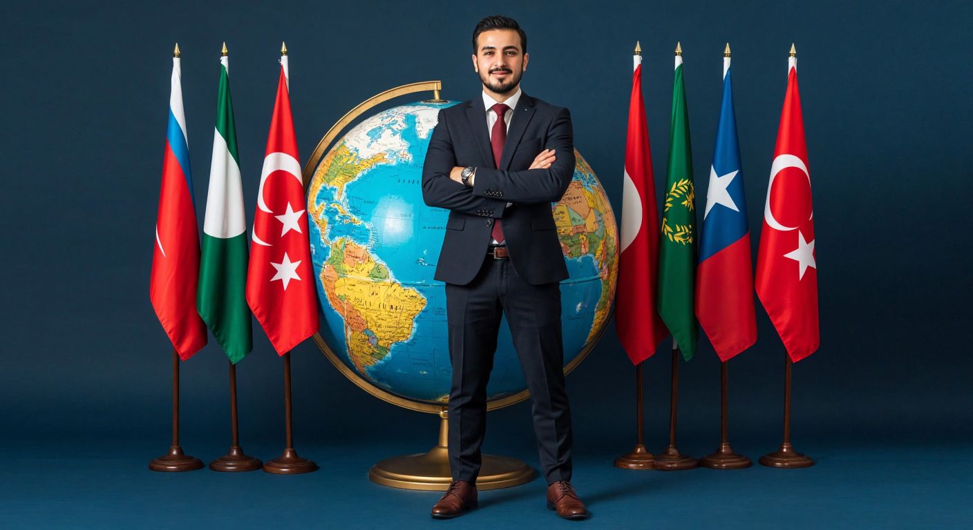 A Turkish businessman in a crisp suit stands confidently beside a globe, pointing to Turkey on one side and multiple international flags on the other, symbolizing Eureko's local presence and Allianz's global reach.
