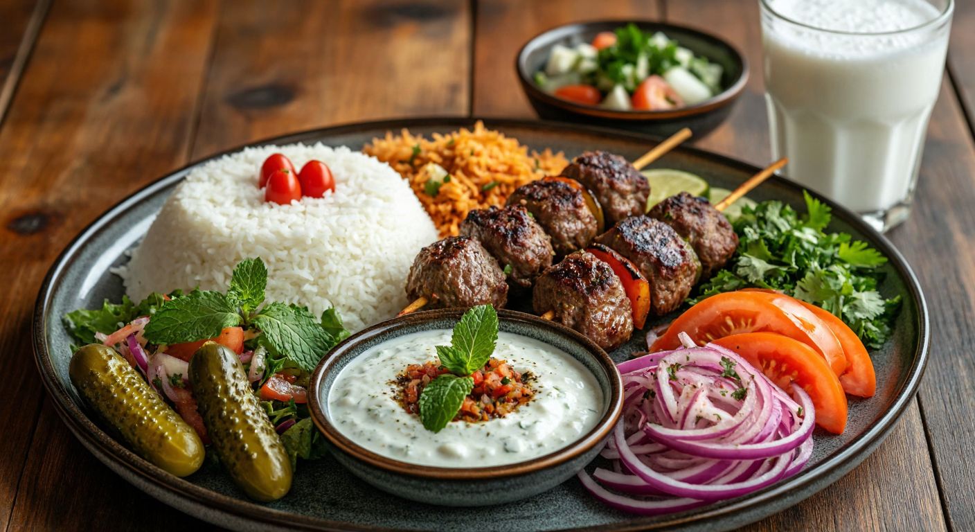 A steaming plate of sade et kebap sits beside a bowl of fluffy white rice pilaf, a small dish of creamy cacık with fresh mint, a colorful seasonal salad with crisp vegetables, a scoop of haydari topped with dried mint, and a side of tangy pickles, all arranged on a rustic wooden table with a glass of frothy ayran in the background.