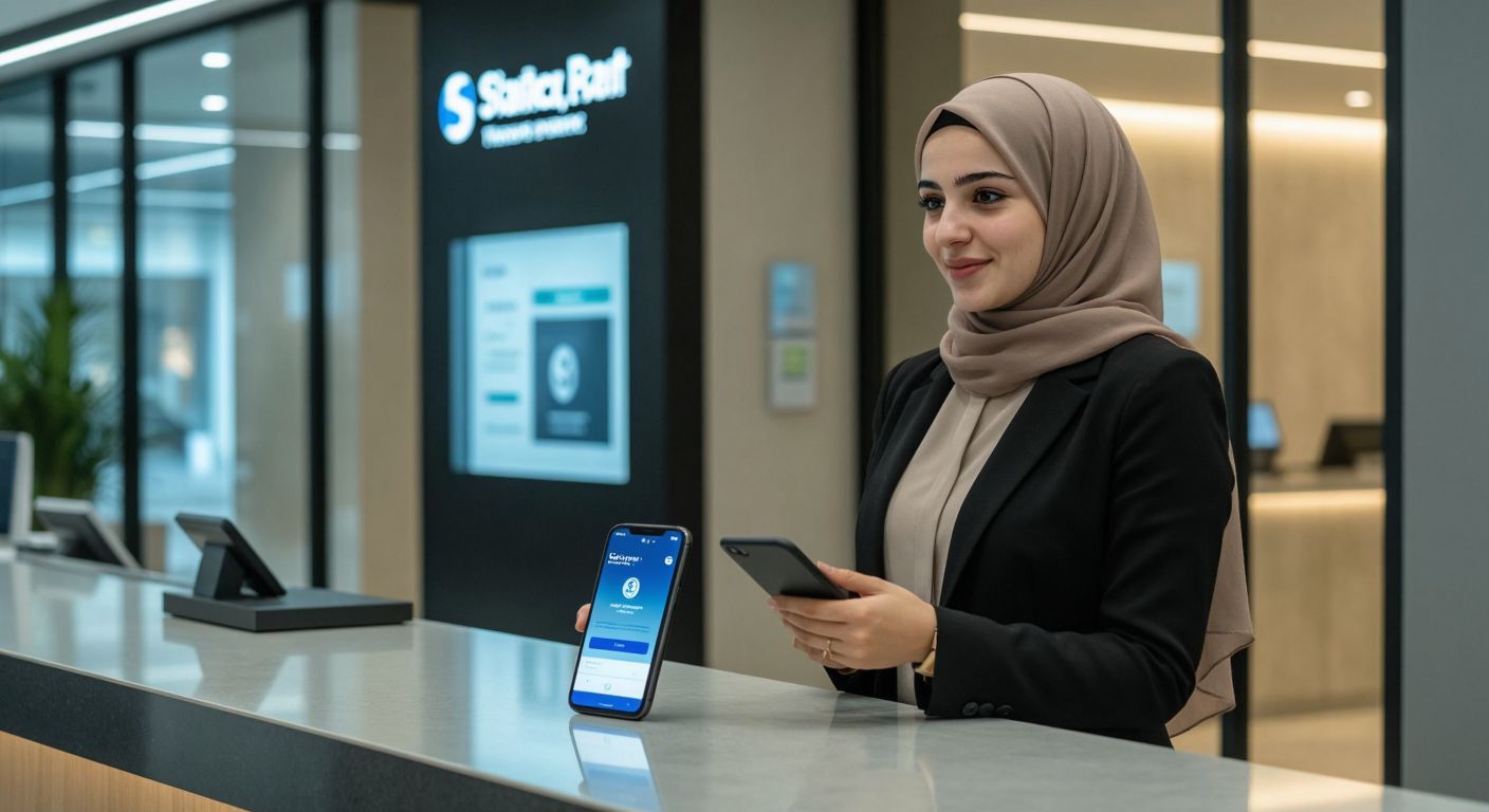 A Turkish woman in a modern bank setting, wearing a headscarf and business attire, confidently assists a customer at a sleek counter with a smartphone displaying an international money transfer interface.
