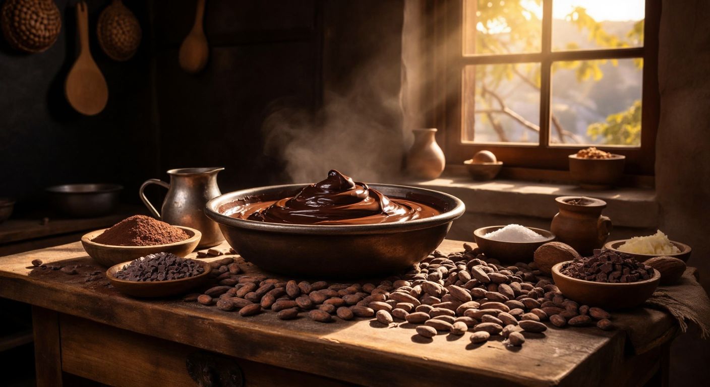 A rustic wooden table in a Turkish kitchen holds a large bowl filled with glossy melted chocolate, surrounded by piles of cocoa beans, powdered sugar, milk powder, and cocoa butter, with warm sunlight streaming through a window.