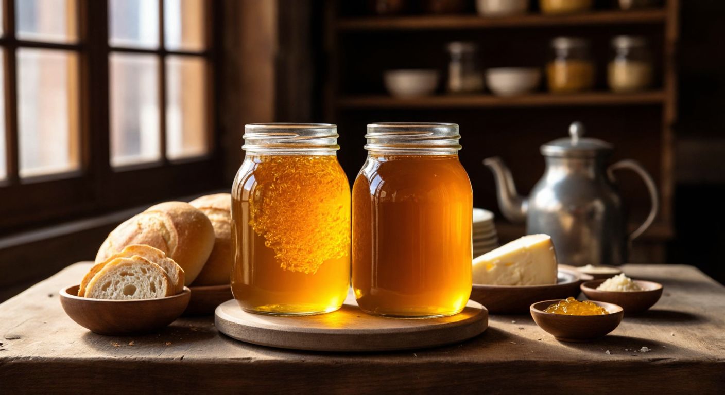 A rustic wooden table in a Turkish kitchen holds two jars—one filled with golden, flowing liquid honey and the other with thick, crystallized honey, alongside fresh bread, cheese, and a small bowl of tea.
