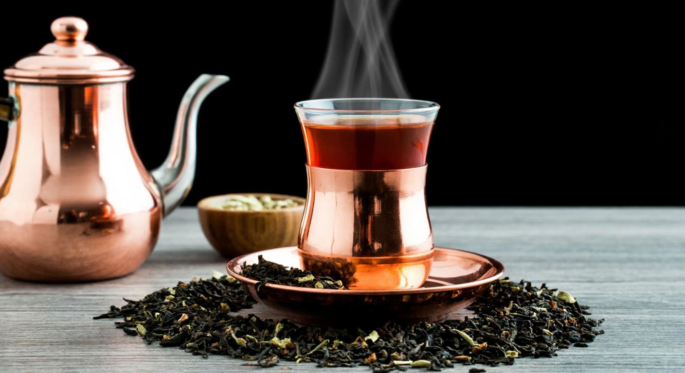 A steaming copper Turkish tea glass resting on a saucer, surrounded by loose tea leaves and a small pot of boiling water, evoking warmth and tradition.