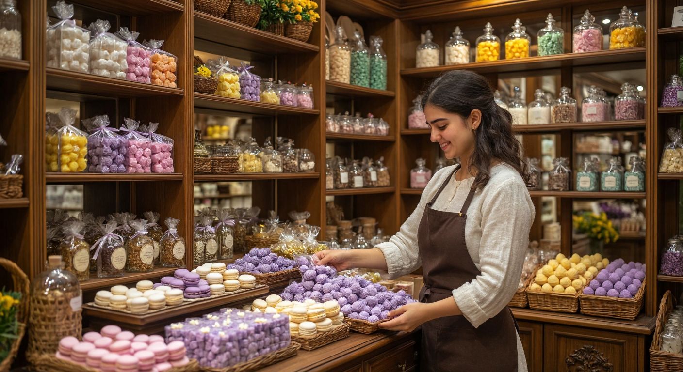 A cozy, warmly lit gift shop in Eskişehir with shelves filled with colorful wedding favors like decorated sugar cubes, fragrant soaps, and delicate macarons, while a smiling shopkeeper arranges lavender sachets near a display of ornate kolonya bottles.