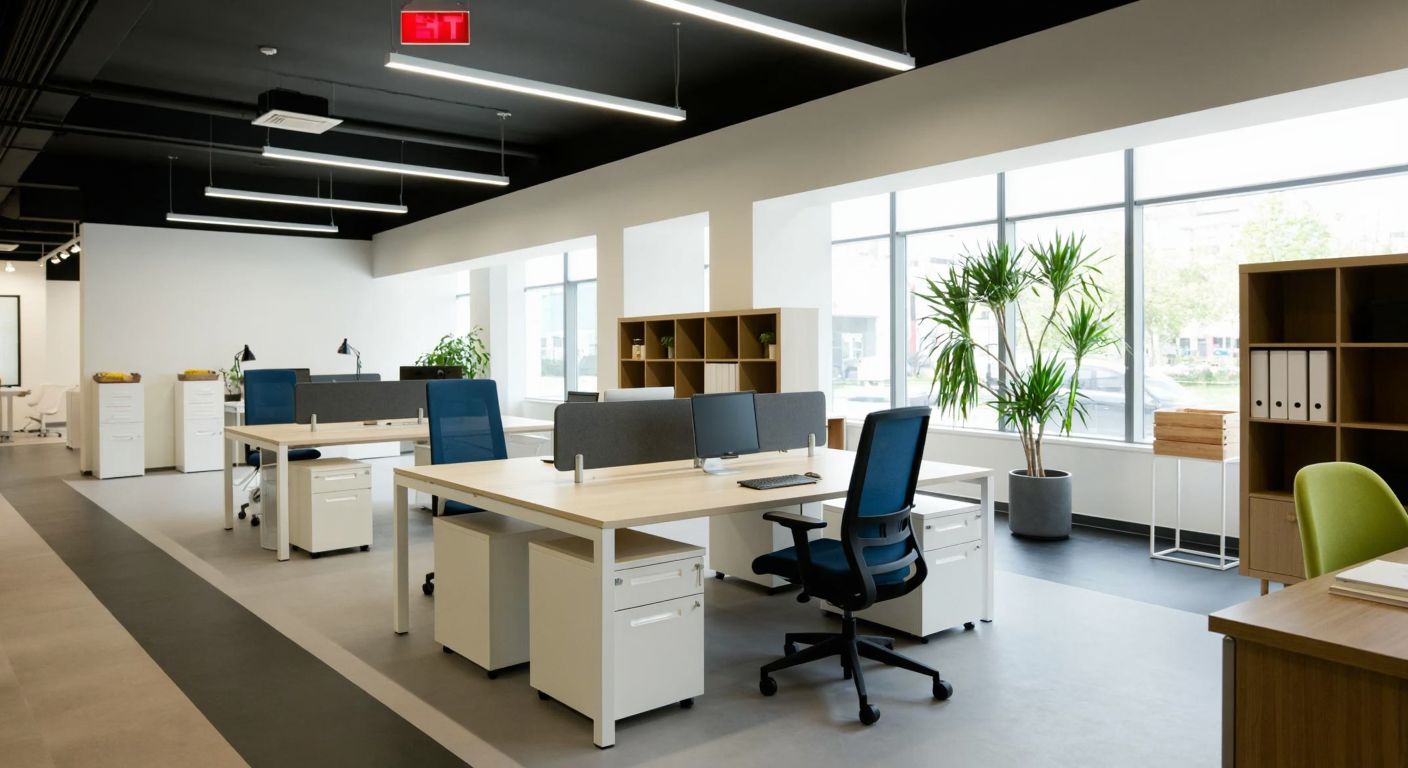 A bright, modern IKEA showroom in Turkey displays sleek office desks with adjustable heights, L-shaped designs, and metal legs, surrounded by ergonomic chairs and storage units.