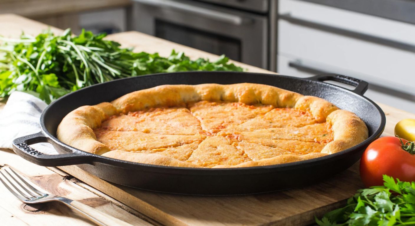 A sturdy cast iron pan sizzling with golden-brown Turkish pide bread, resting on a rustic wooden table in a sunlit kitchen, surrounded by fresh herbs and vegetables.