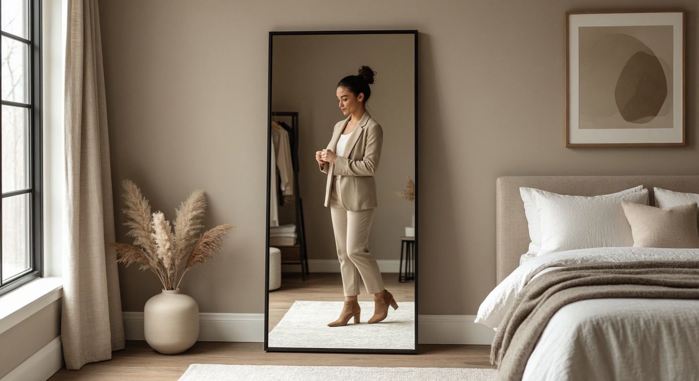 A tall rectangular floor mirror stands in a bright, modern bedroom with neutral-toned walls, reflecting a well-dressed person adjusting their outfit.