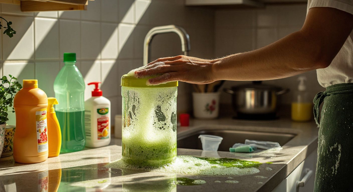 A pair of hands in a sunlit Turkish kitchen scrubbing a greenish, algae-covered water dispenser with a foamy mixture of baking soda and vinegar, surrounded by scattered cleaning supplies.