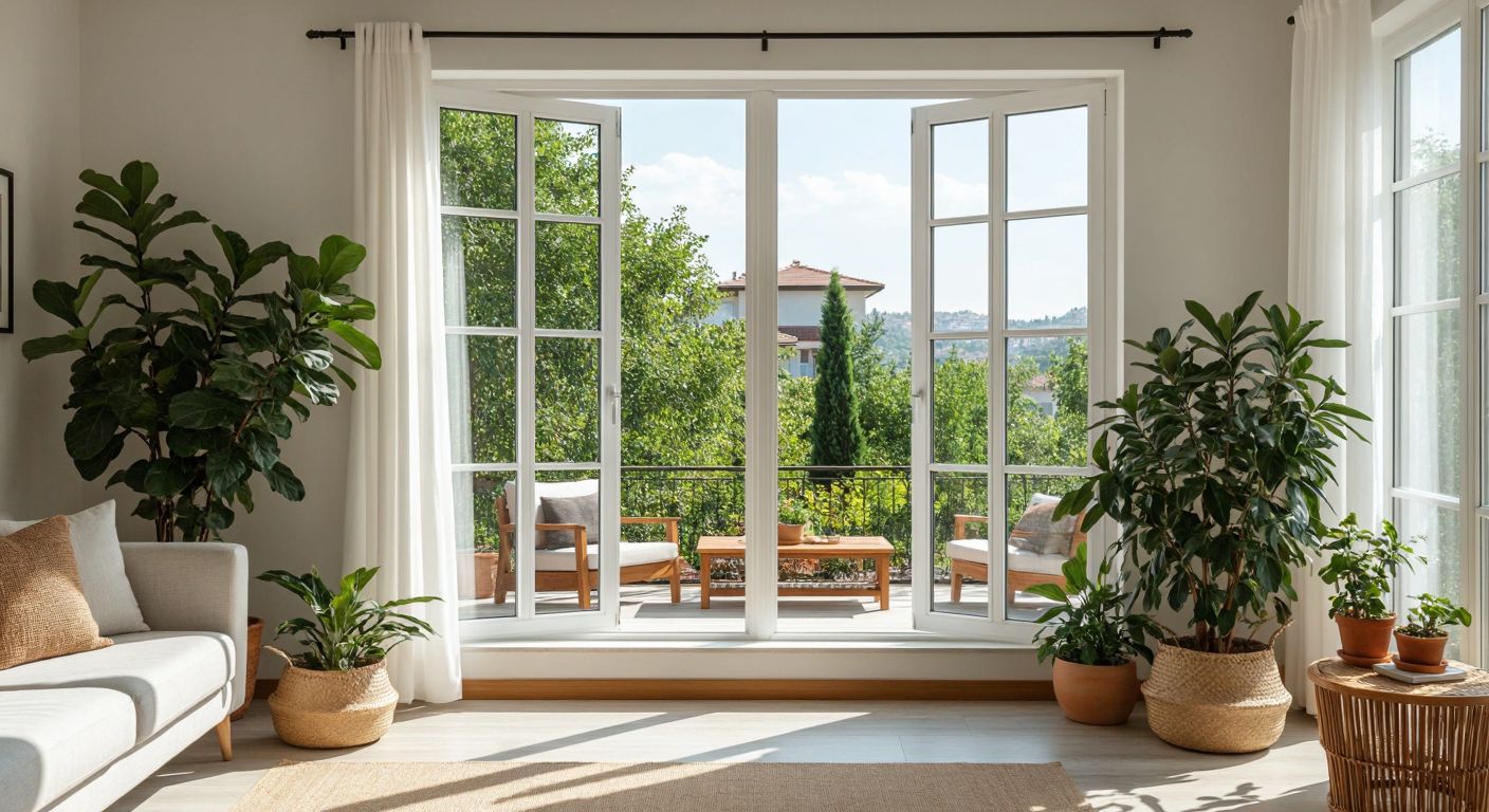 A modern Turkish home with sleek white double-wing PVC windows partially open, allowing sunlight and a gentle breeze to enter a bright, minimalist living room with potted plants and wooden furniture.