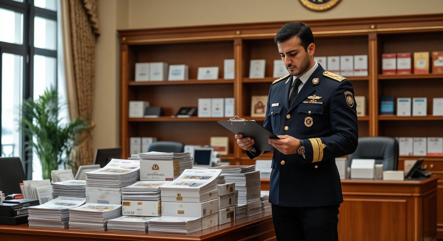 A Turkish tax officer in a formal uniform stands in a government office, holding a clipboard while inspecting a stack of invoices next to a display of luxury goods, electronics, and tobacco products.