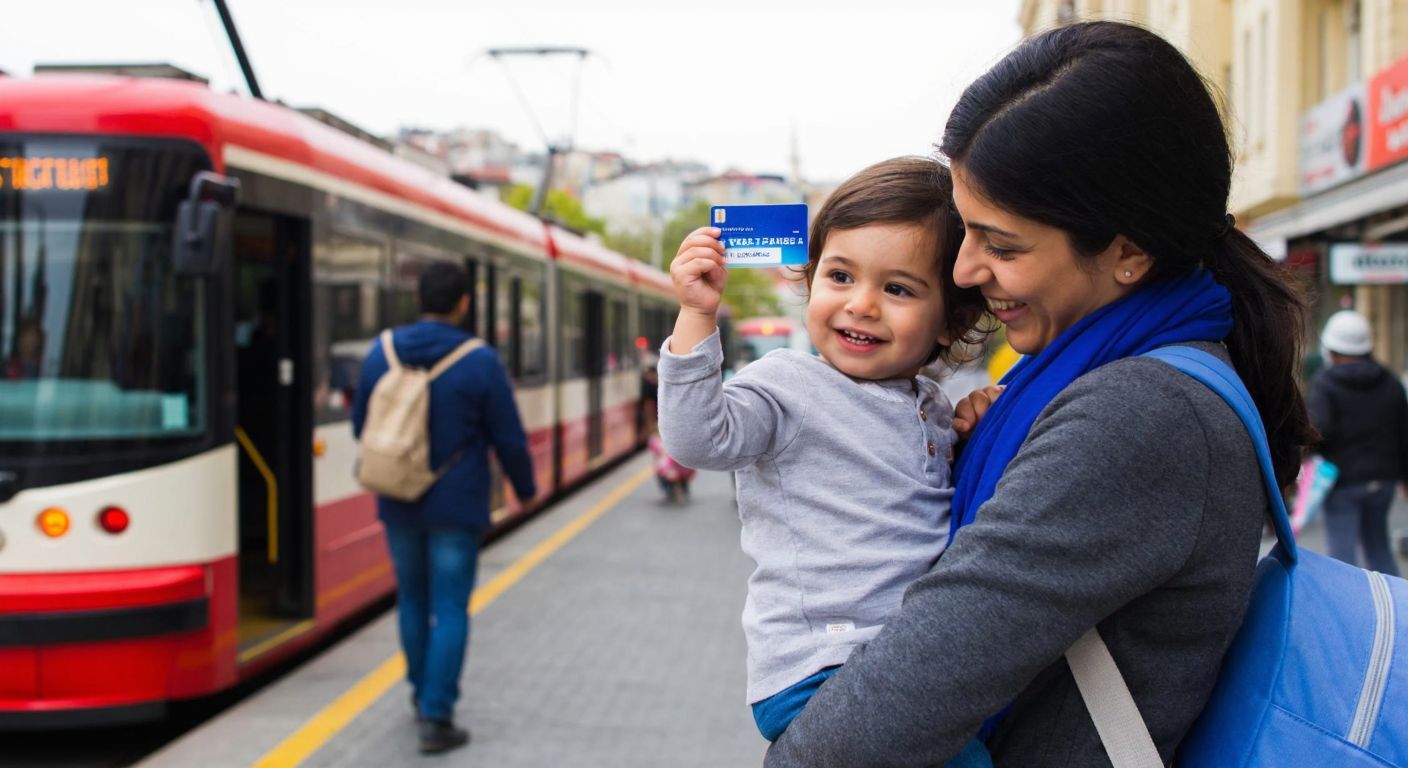 A young mother in Istanbul cradling her smiling toddler while holding up a blue public transport card, with a bustling tram visible in the background.