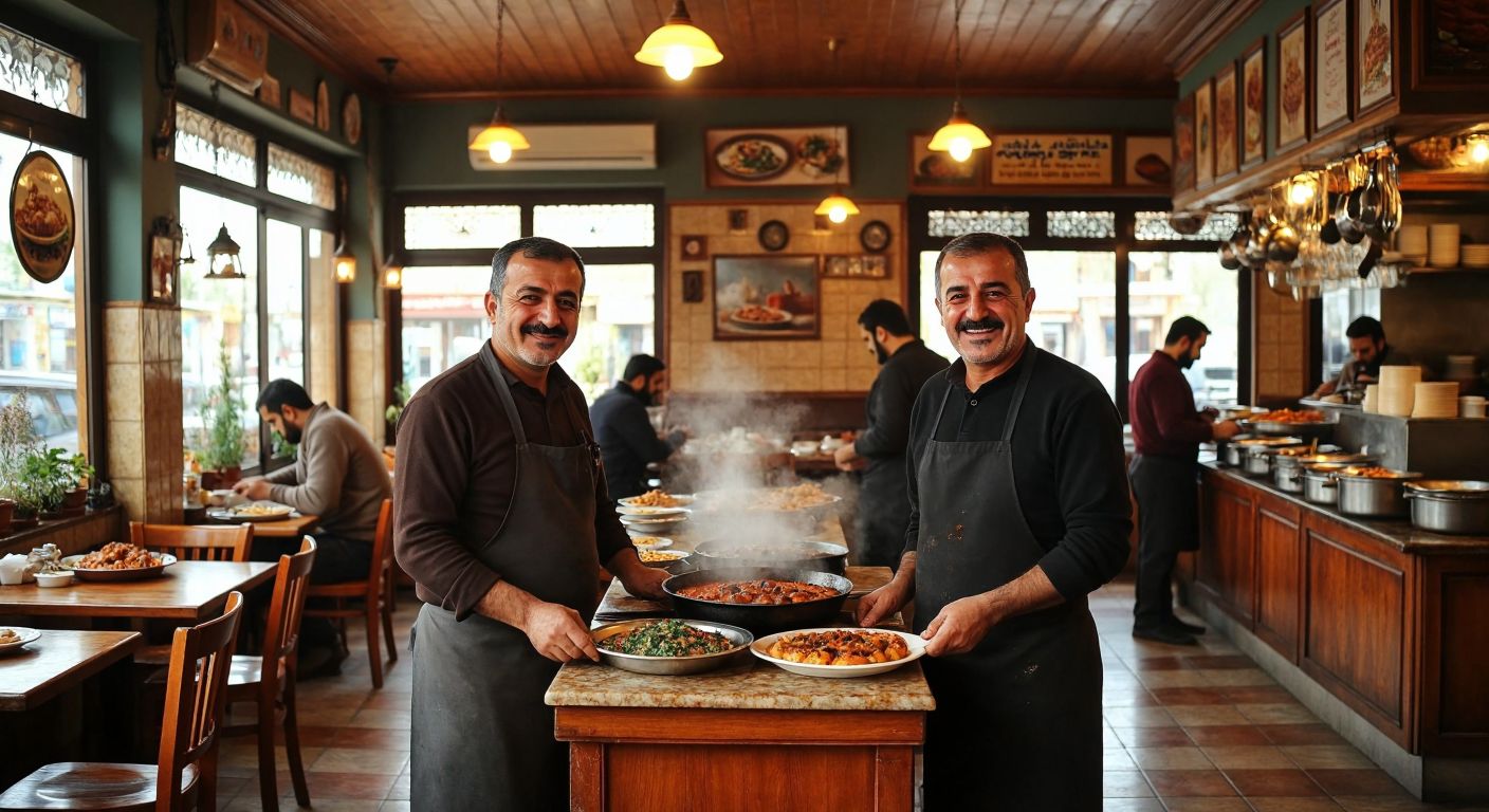 A bustling Turkish lokanta with warm lighting, wooden tables, and steaming plates of home-cooked dishes, where two middle-aged men—one in Anamur and one in Ardahan—smile proudly behind the counter in their respective restaurants.